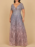 Short Sleeve V-Neck Beaded Ballgown | 28961