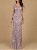 V-Neck, Short Sleeve Beaded Gown