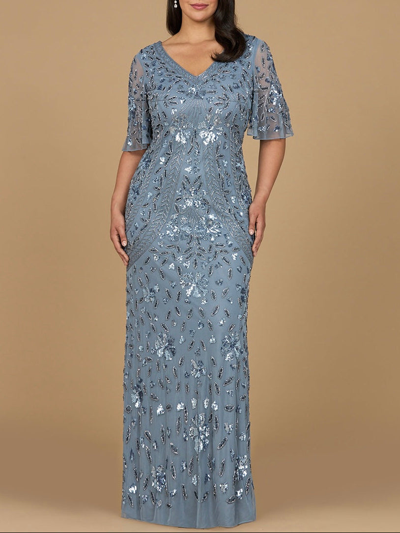 V-Neck, Cape Sleeve Beaded Gown