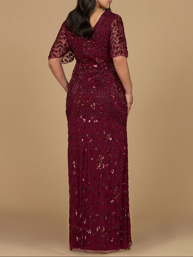 V-Neck, Cape Sleeve Beaded Gown