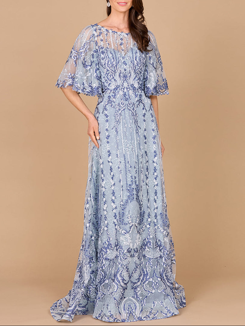 Embroidered, Cape Sleeve A-line Gown