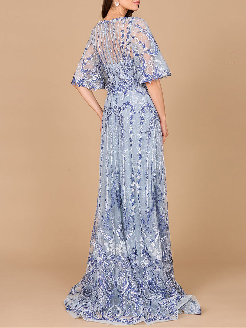 Embroidered, Cape Sleeve A-line Gown