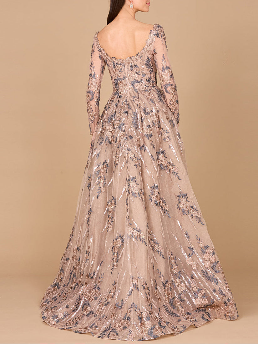 Long Sleeve Scoop Neck Lace Gown with Overskirt