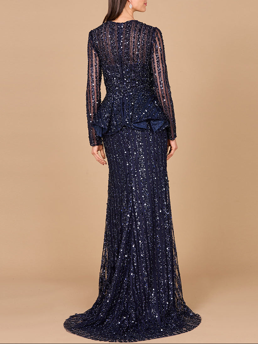 Long Sleeve Beaded Peplum Dress