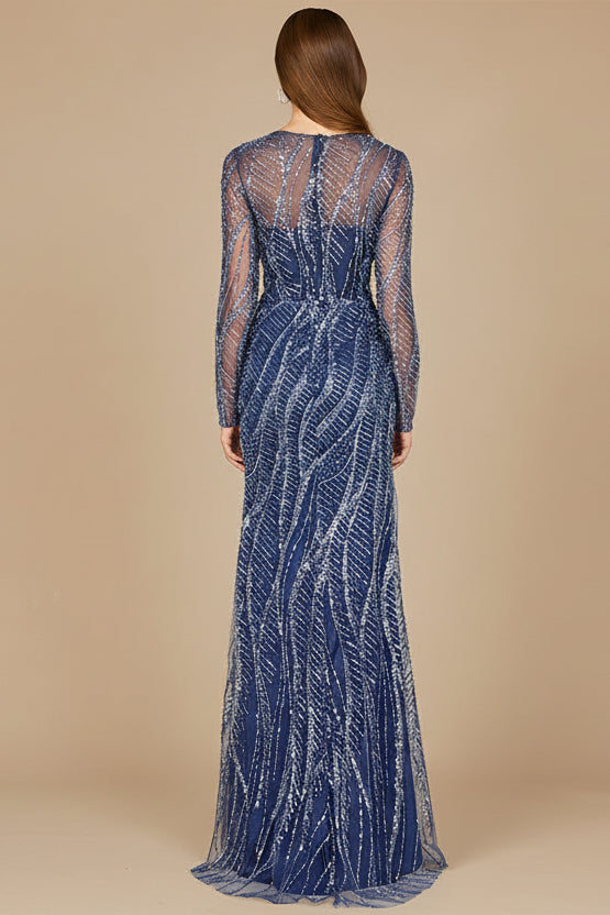 Long Sleeve Sheath Gown with Silver Beads