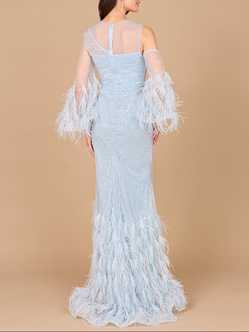 Cold Shoulder Mermaid Lace Gown with Feathers - OUTLET