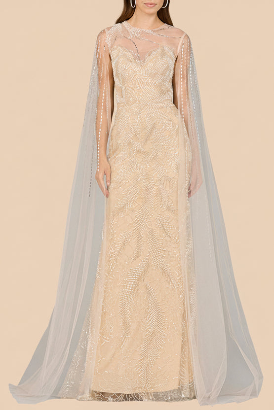 Long Cape Beaded Gown