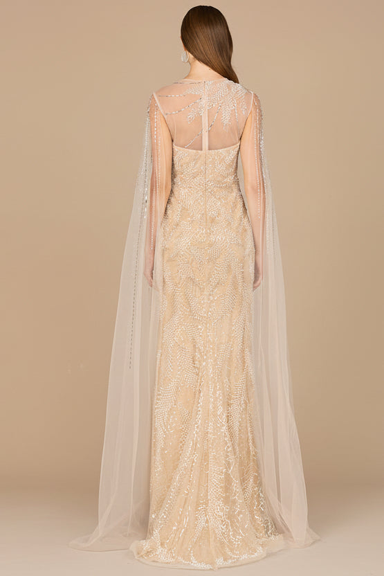 Long Cape Beaded Gown