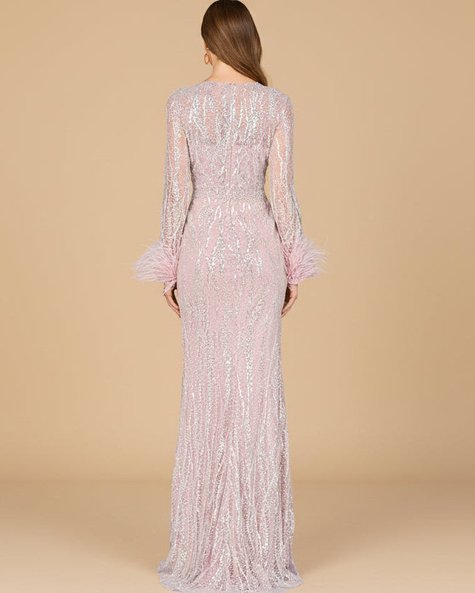 Long Sleeve Sheath Gown with Feathers