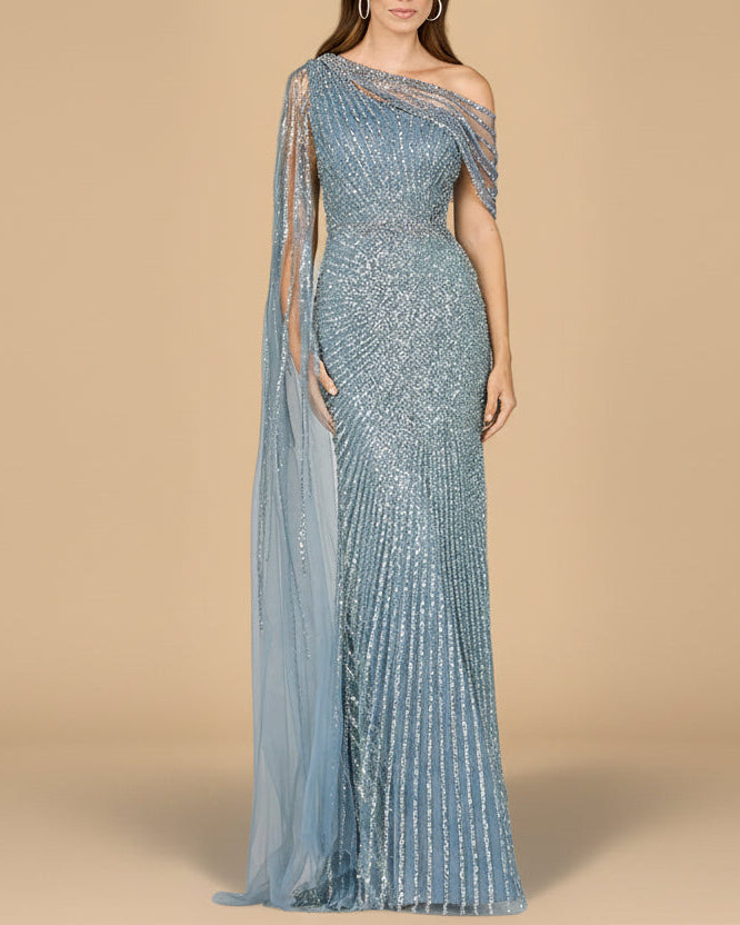 One Shoulder Fitted Gown with Cape Sleeve | Lara 29051