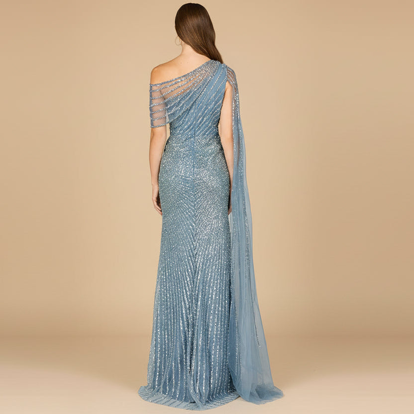 One Shoulder Fitted Gown with Cape Sleeve | Lara 29051