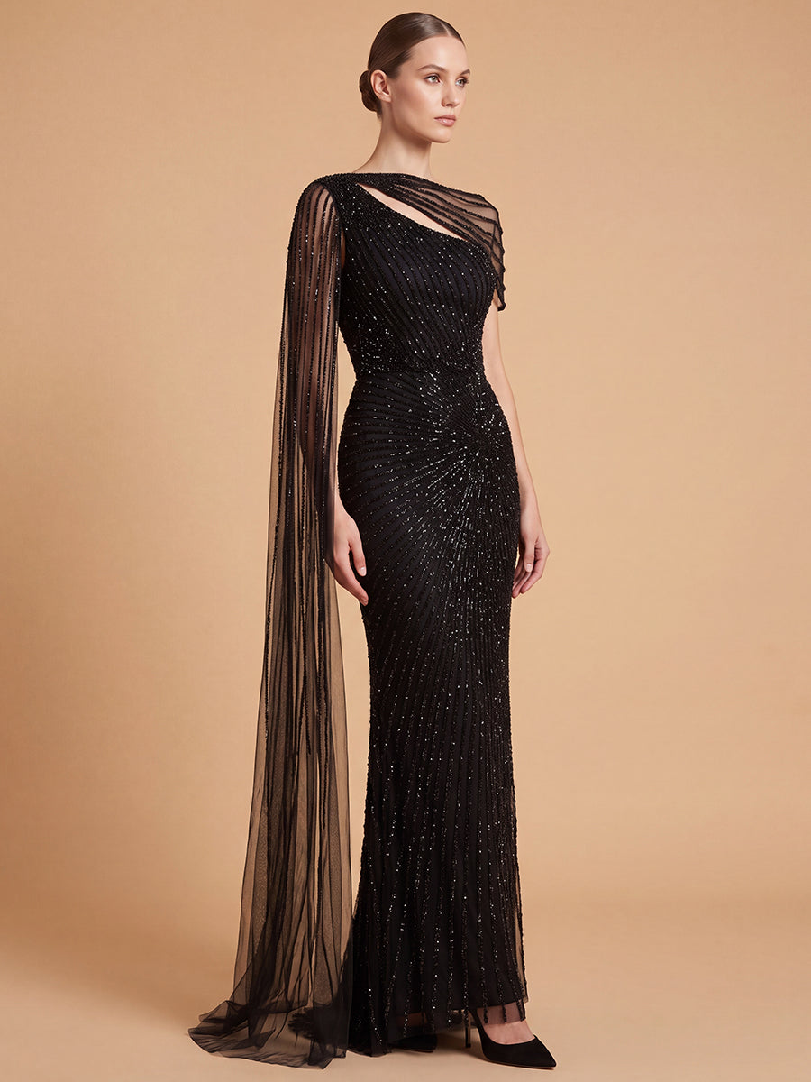 One Shoulder Fitted Gown with Cape Sleeve | Lara 29051