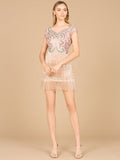 Cap Sleeve Cocktail Gown with Fringes