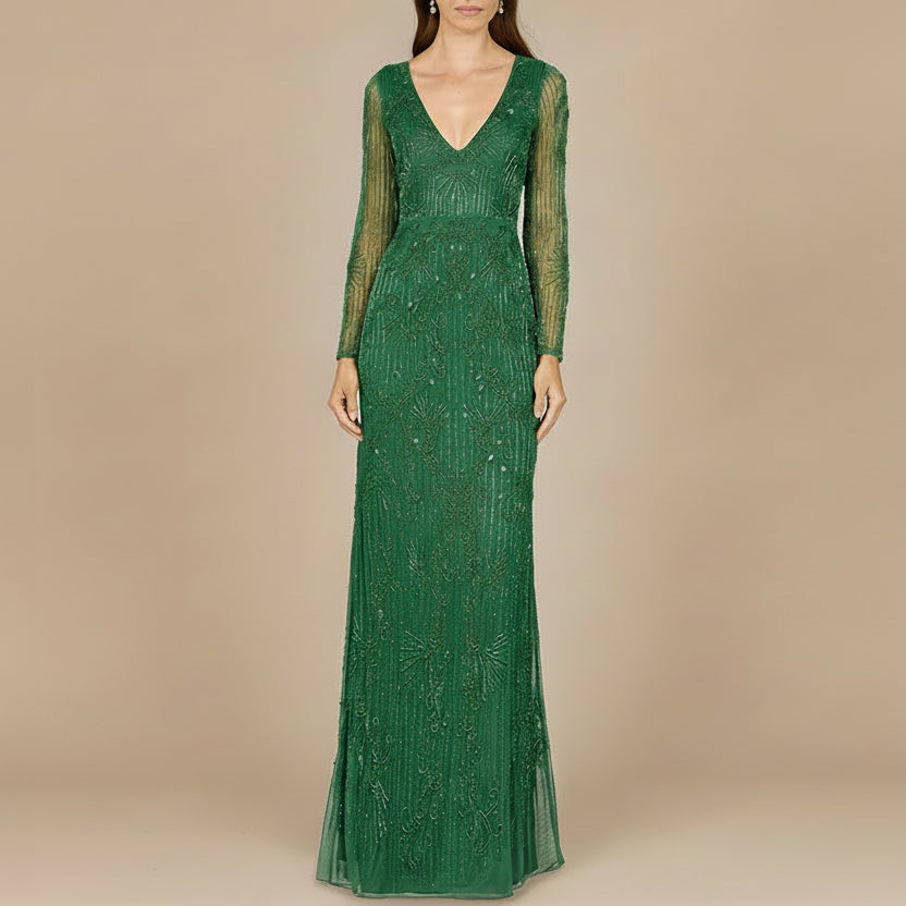 Elegant Long Sleeve Beaded Gown  - OUTLET