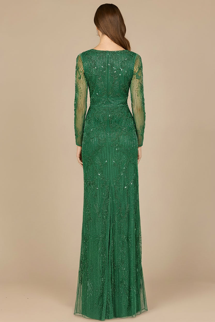 Elegant Long Sleeve Beaded Gown  - OUTLET