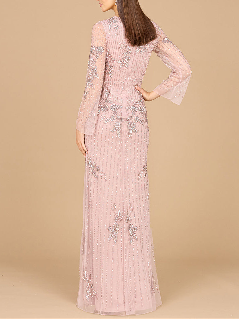 Long Sleeve, High Neck Beaded Gown - OUTLET
