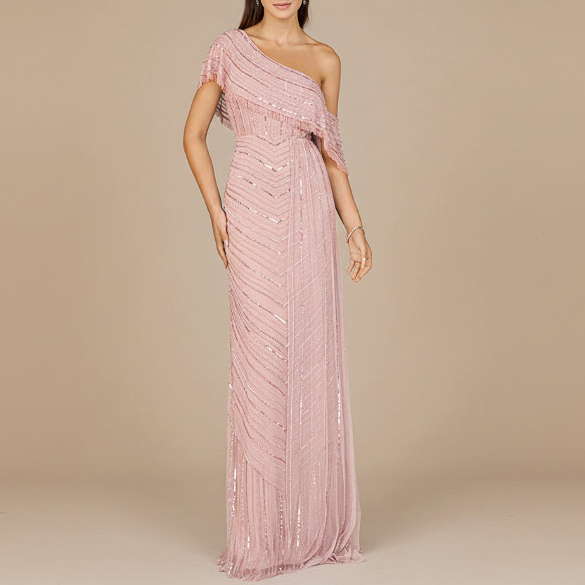 Off Shoulder Sheath Beaded Gown - OUTLET