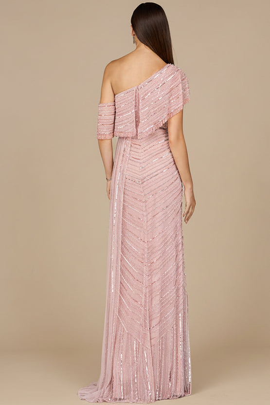 Off Shoulder Sheath Beaded Gown - OUTLET