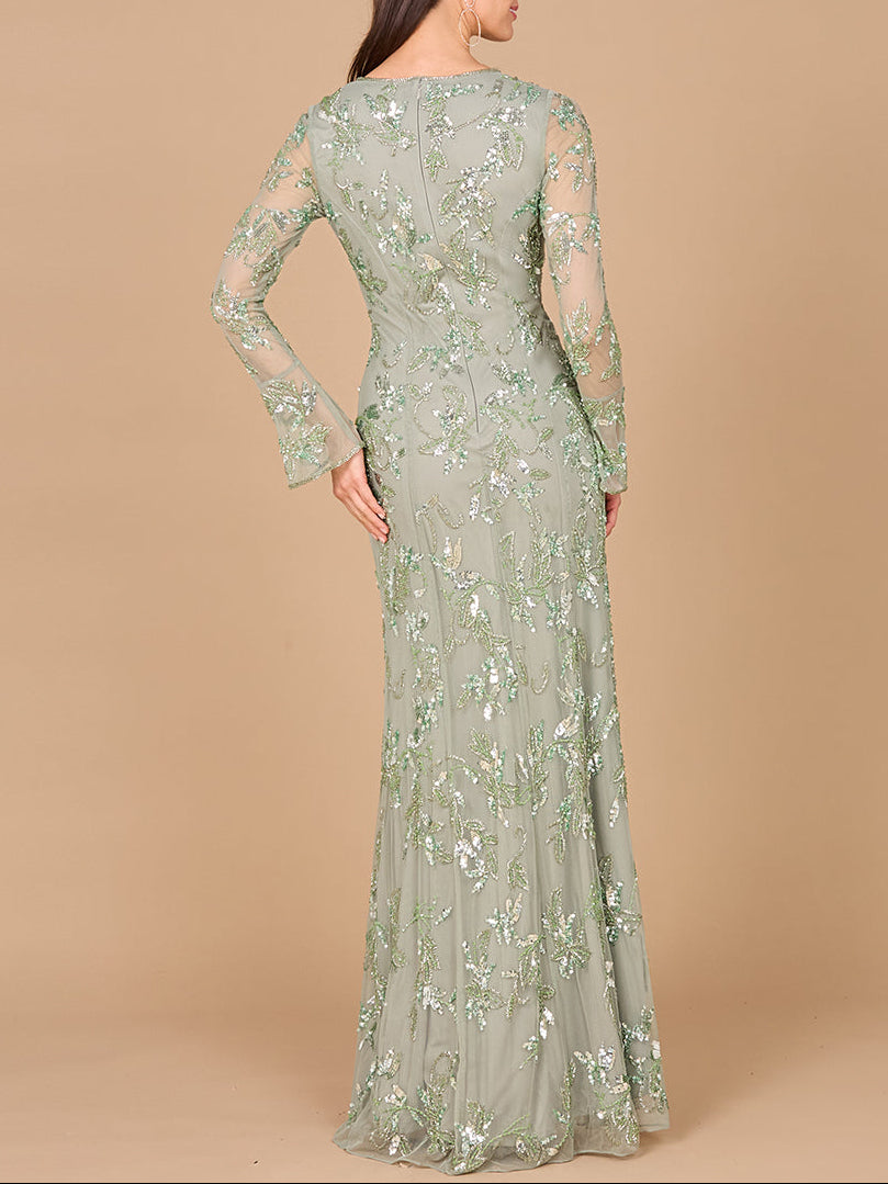 Beaded Dress with Sheer Long Sleeves