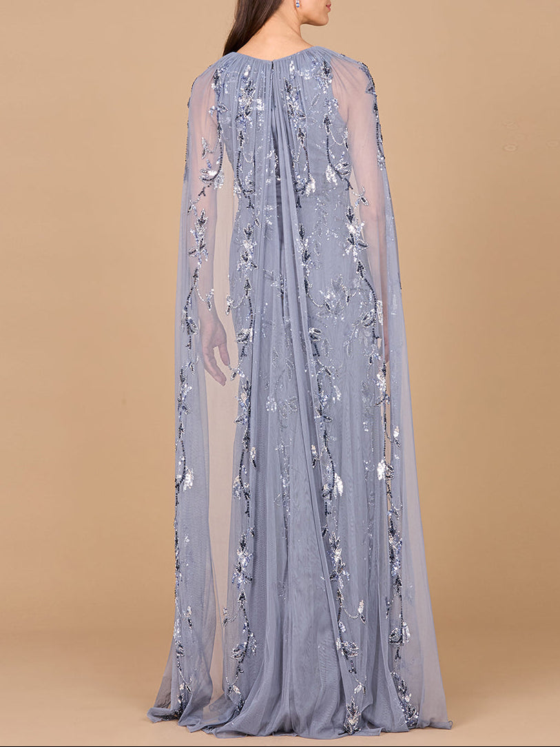 Mermaid Beaded Dress with Long Cape - OUTLET