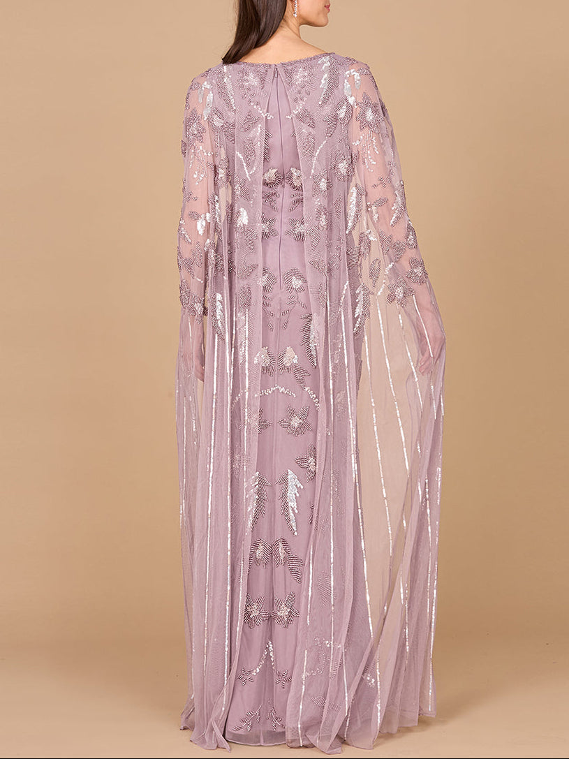 Beaded Sheath Dress with Long Cape