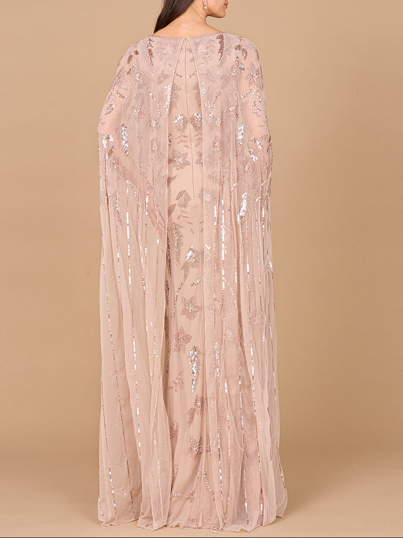 Beaded Sheath Dress with Long Cape