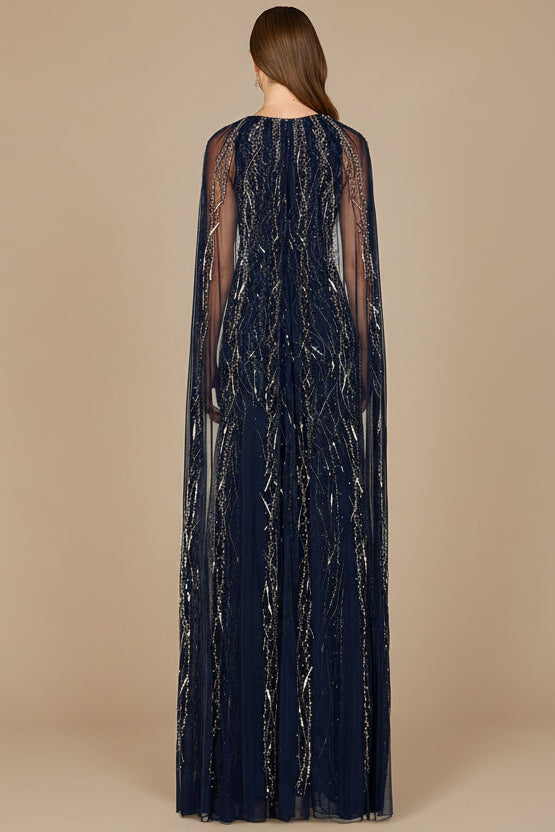 Elegant Beaded Dress with Long Cape