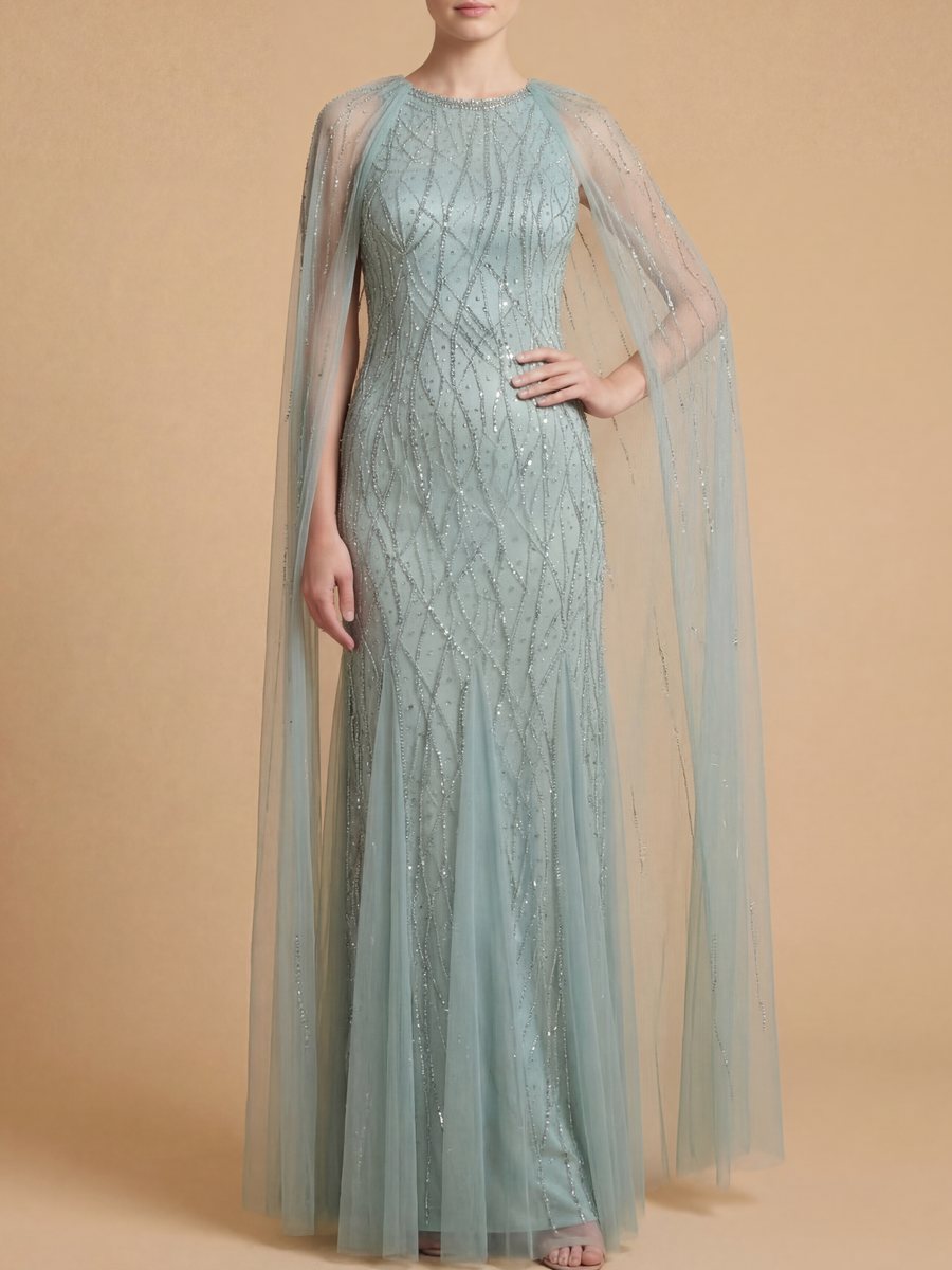 Elegant Beaded Dress with Long Cape