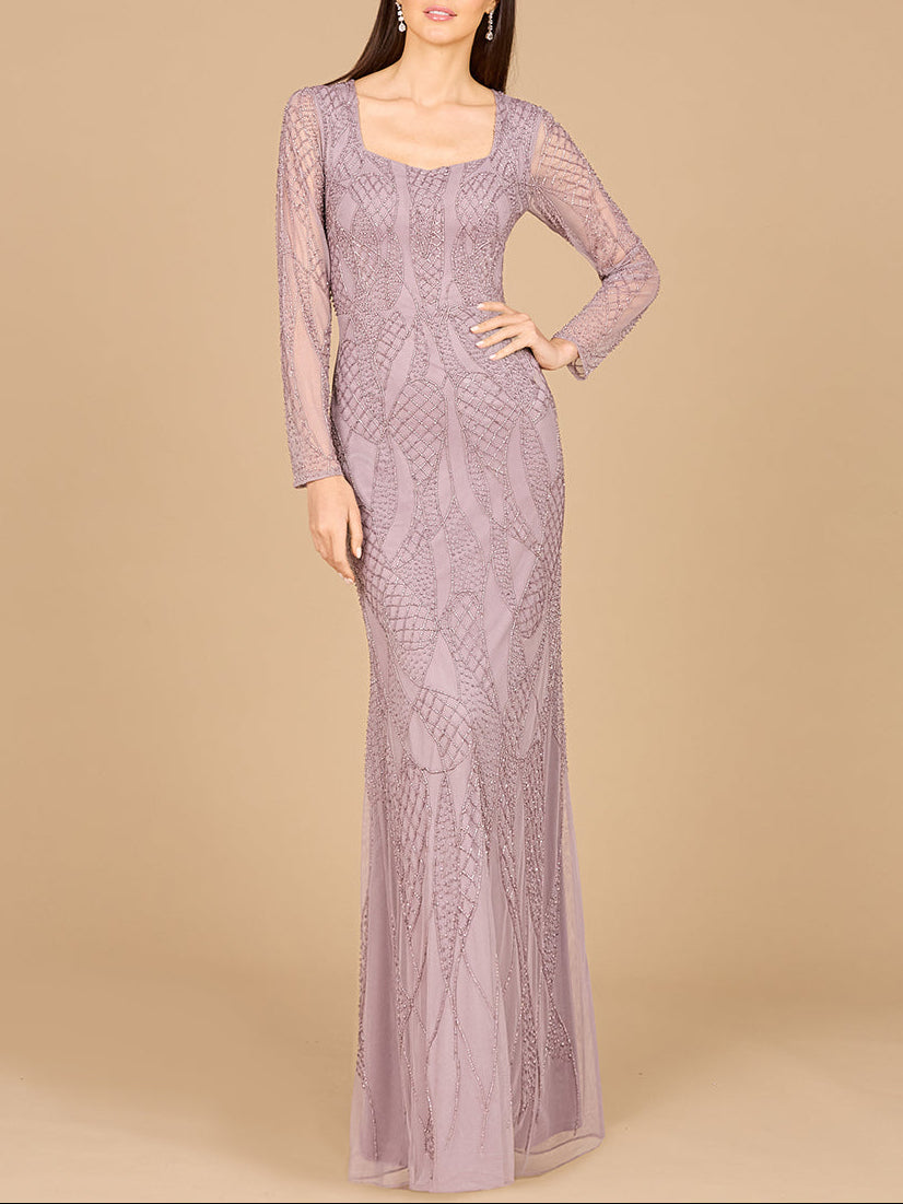 V Neck Beaded Long Sleeve Dress