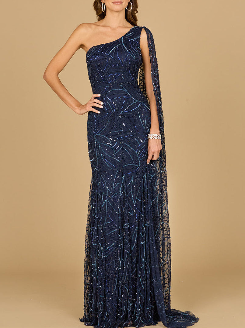 One Shoulder Cape Gown