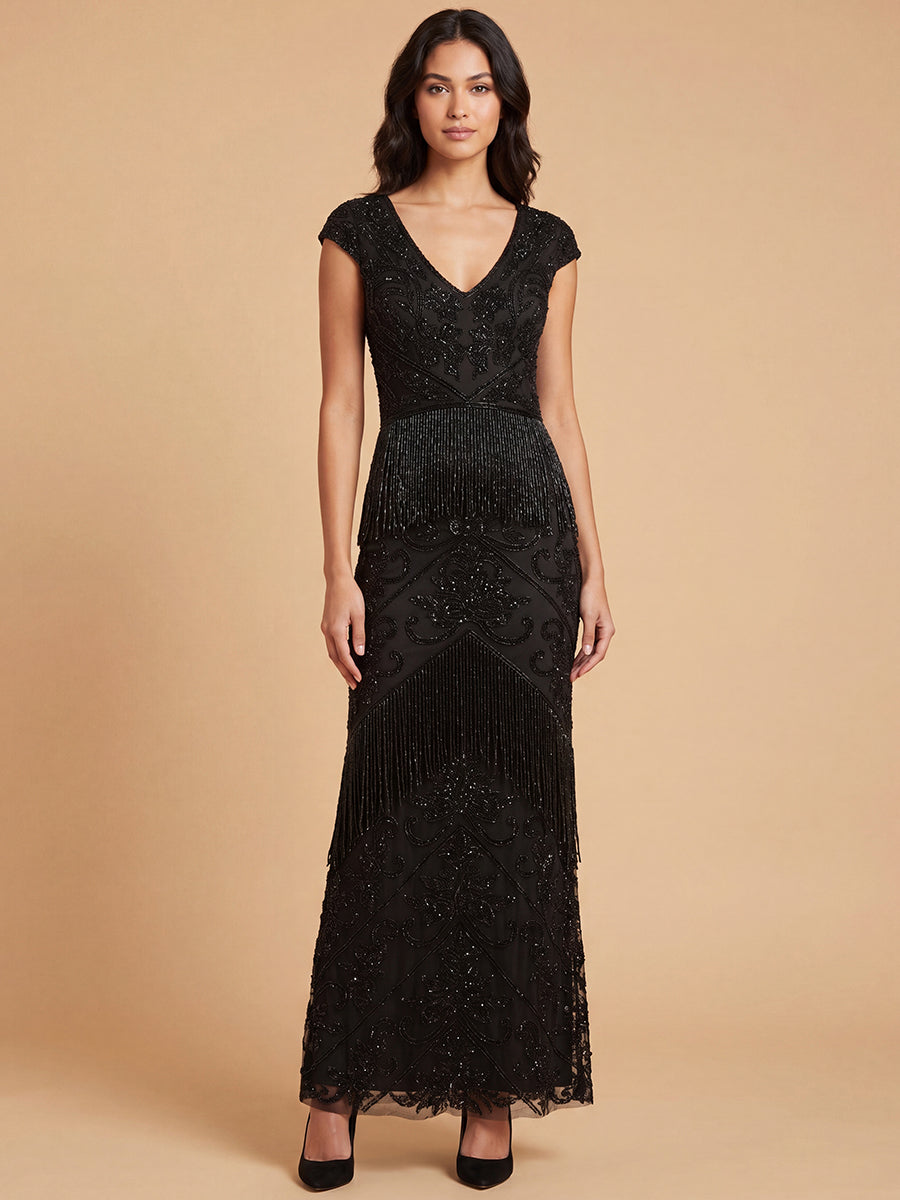 Cap Sleeve Beaded Gown with Fringe | 29098