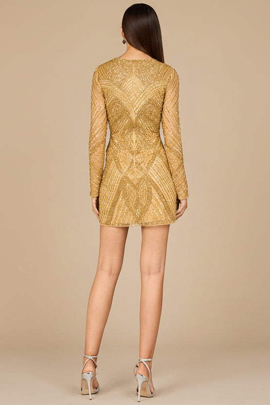 Long Sleeve Beaded Cocktail Dress