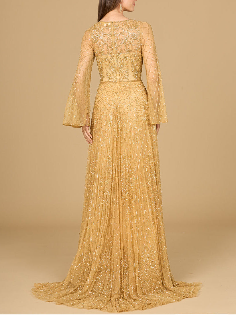 Beaded Long Dress with Flare Sleeves