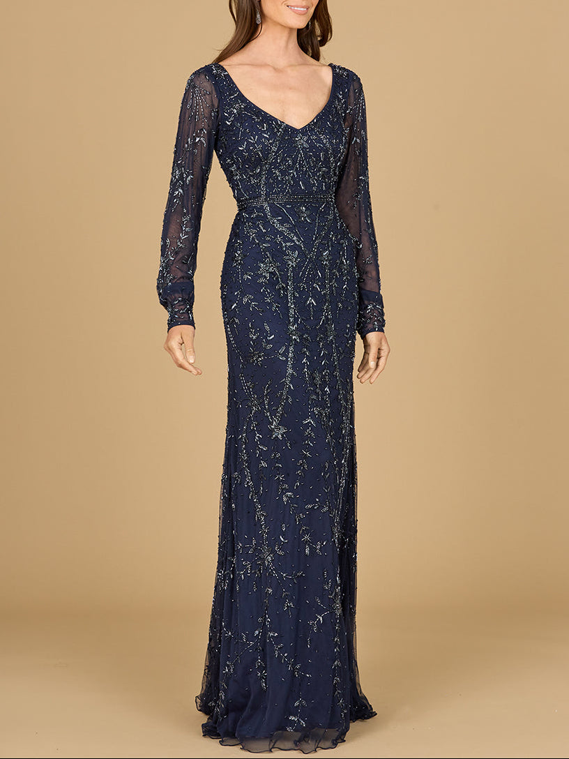 V-Neck Beaded Gown with Sleeves