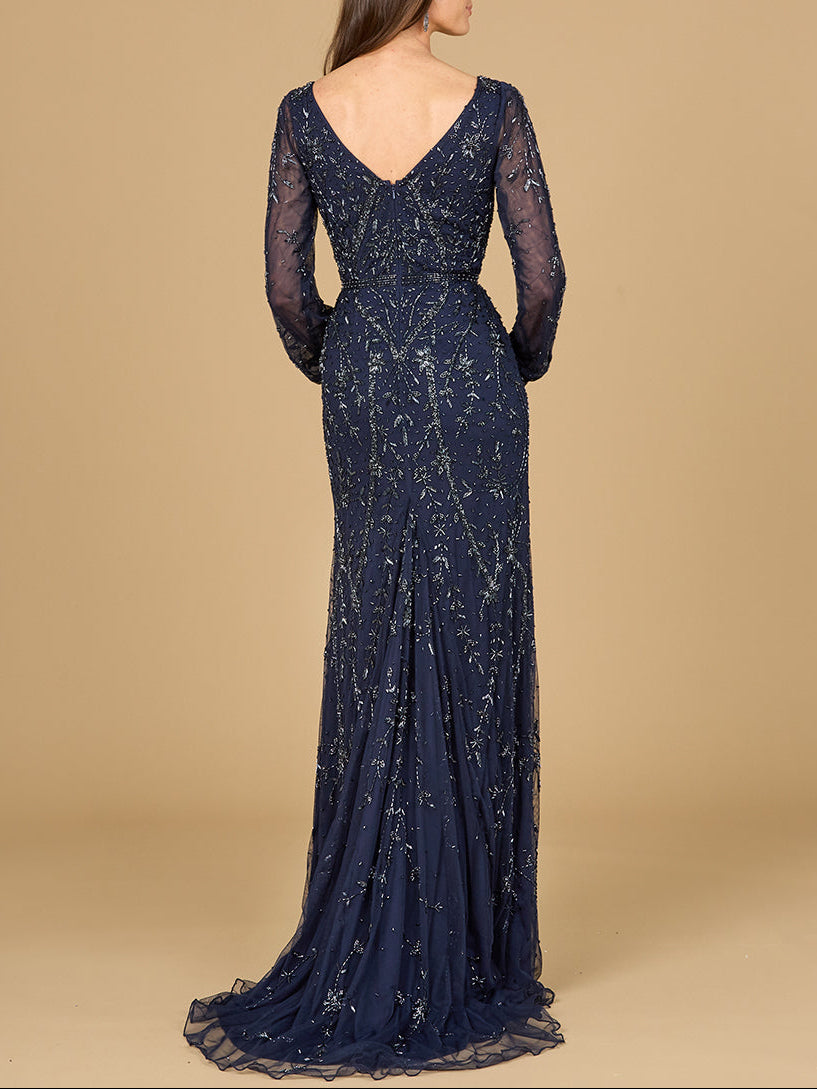 V-Neck Beaded Gown with Sleeves