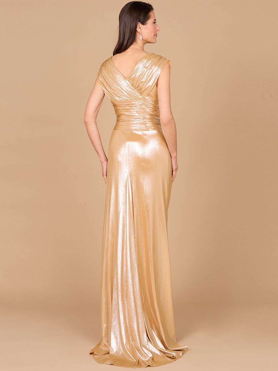 V-Neck Metallic Dress with Slit | 29124 - OUTLET