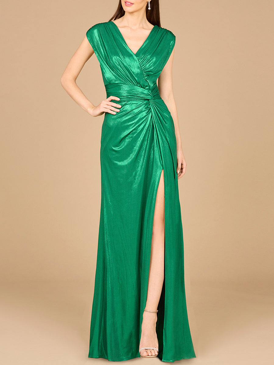 V-Neck Metallic Dress with Slit | 29124 - OUTLET