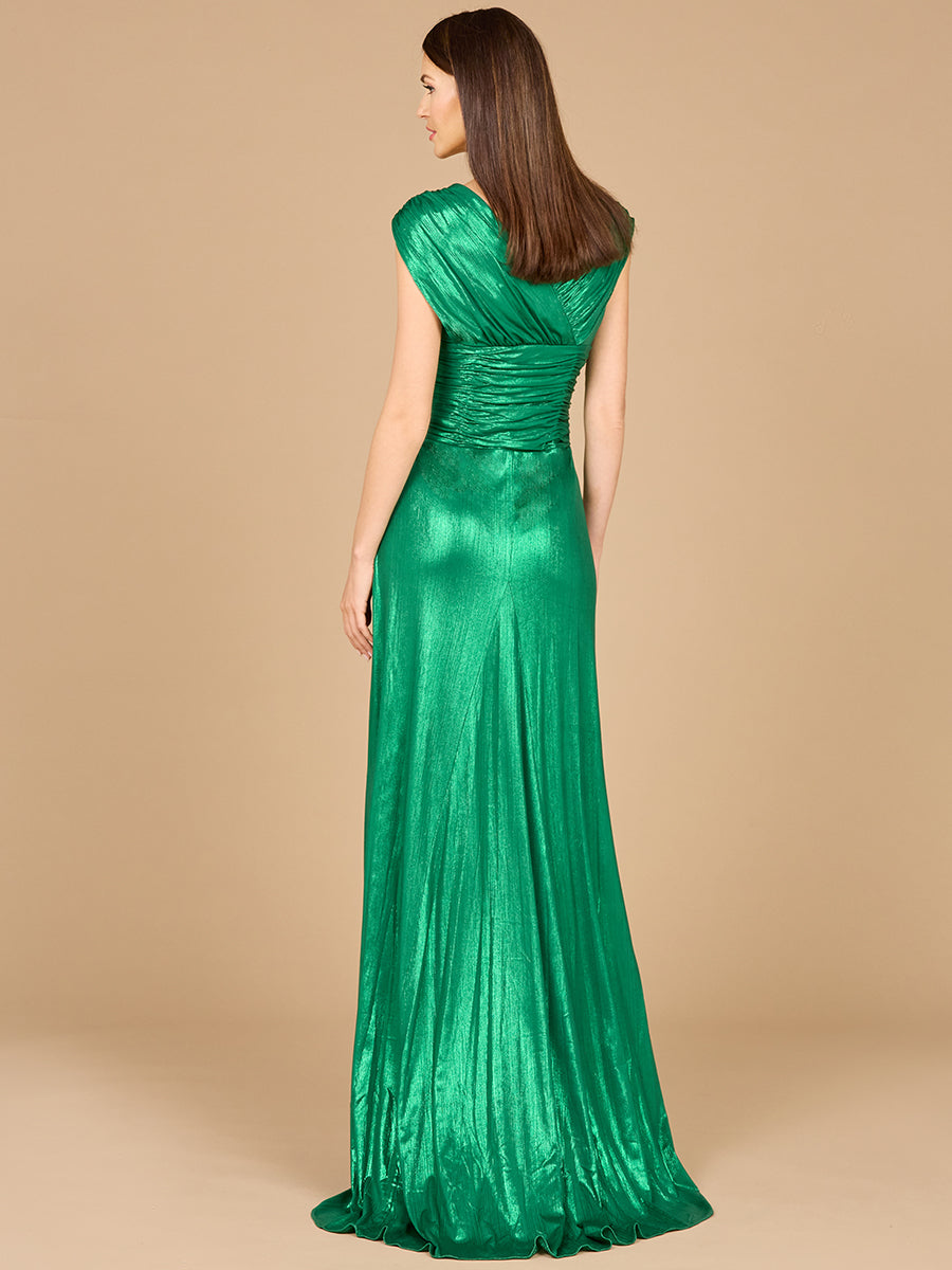 V-Neck Metallic Dress with Slit | 29124 - OUTLET