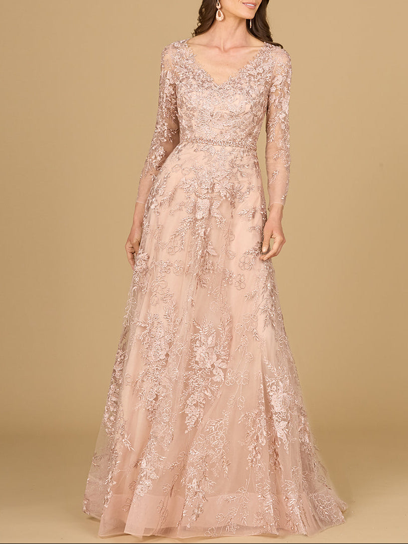 Long Sleeve V-Neck Lace Gown with Beaded Belt
