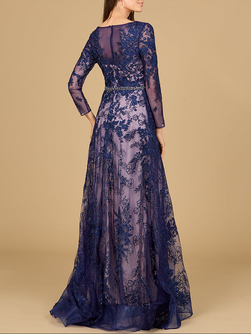 Long Sleeve V-Neck Lace Gown with Beaded Belt