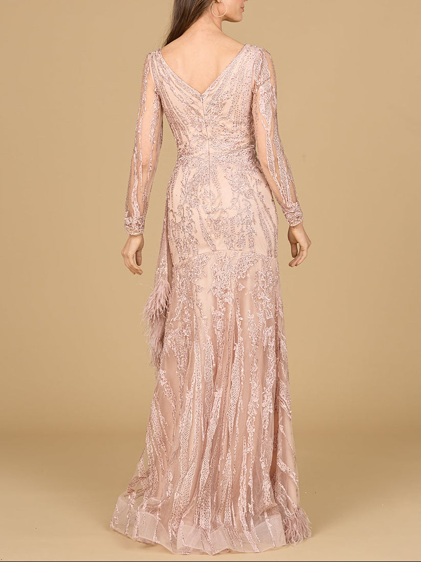 Long Sleeve V-Neck Lace Gown with Feathers