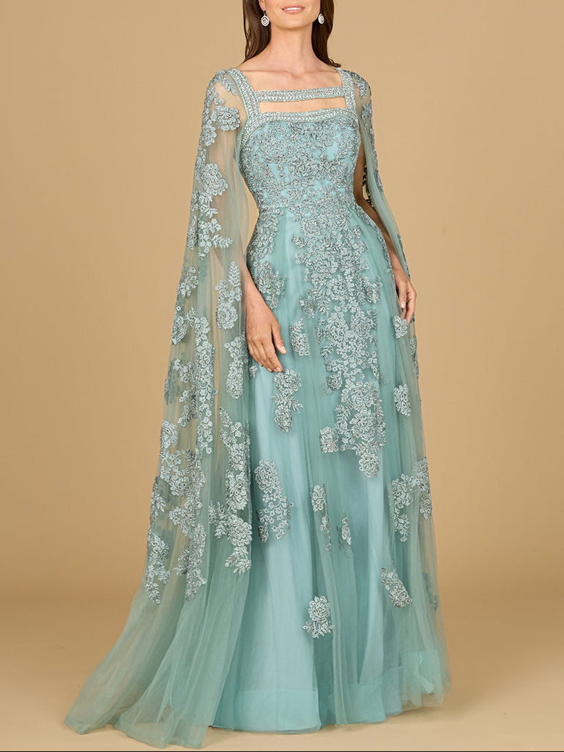 Lace Embroidered Gown with Long Cape Sleeves