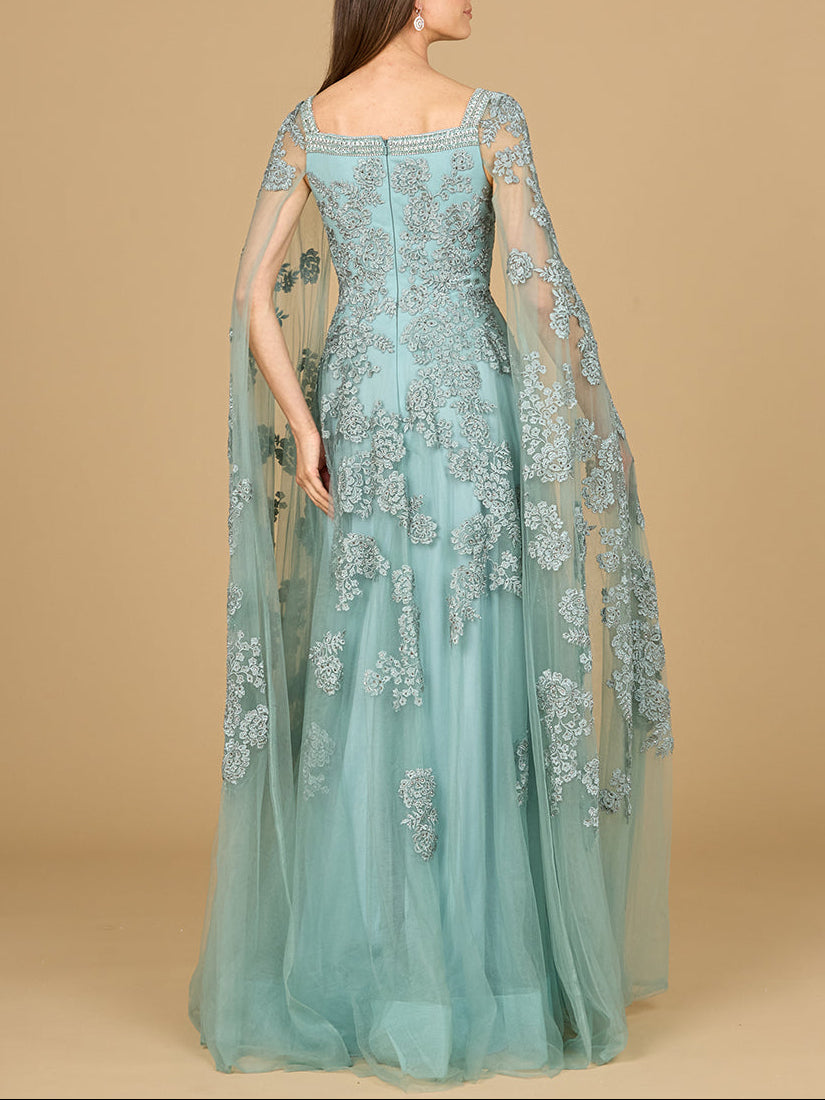 Lace Embroidered Gown with Long Cape Sleeves