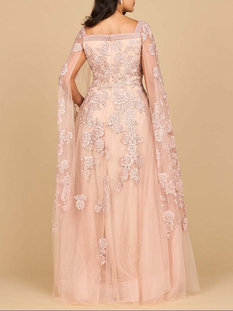 Lace Embroidered Gown with Long Cape Sleeves