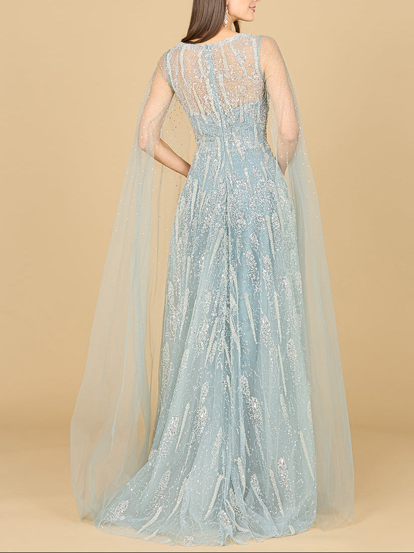 Lace Gown with Cape Sleeves and V-neckline