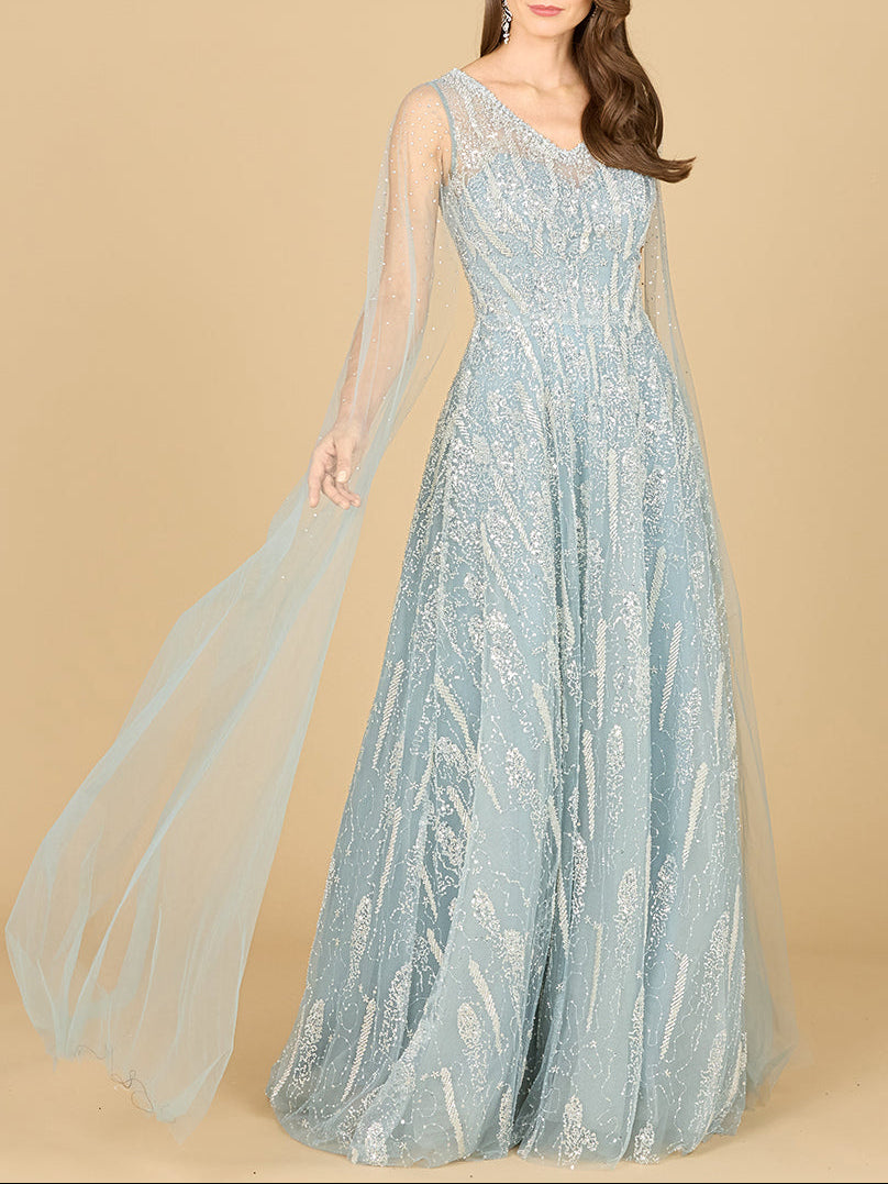Lace Gown with Cape Sleeves and V-neckline