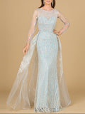 Long Sleeve Lace Gown with Tulle Overskirt