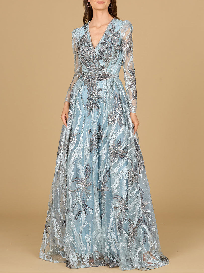 Long Sleeve V-Neck A-Line Gown