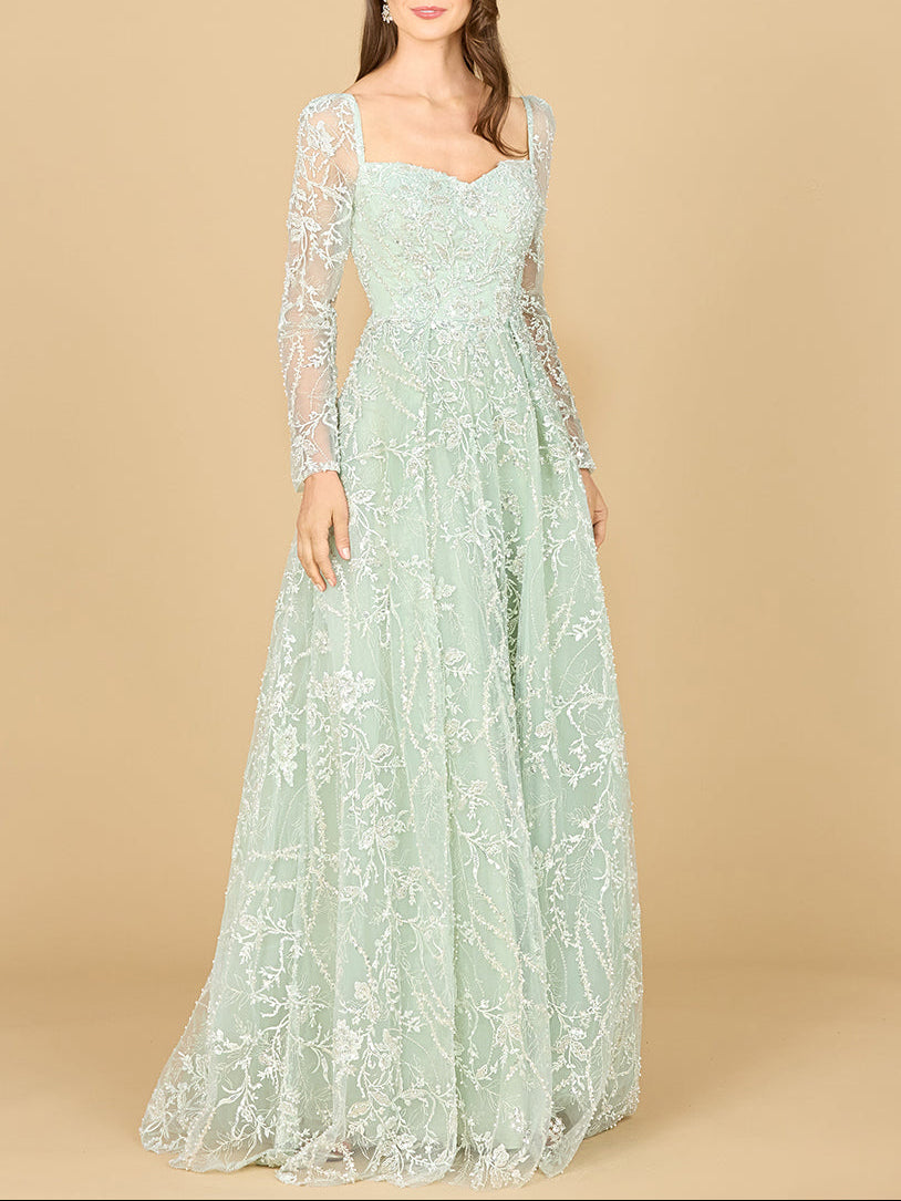 Long Sleeve Beaded Lace Gown | 29151