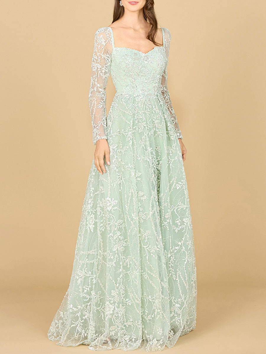 Long Sleeve Beaded Lace Gown | 29151